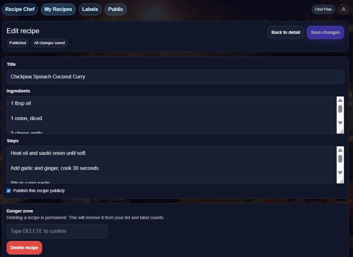 RecipeChef review and editing workspace