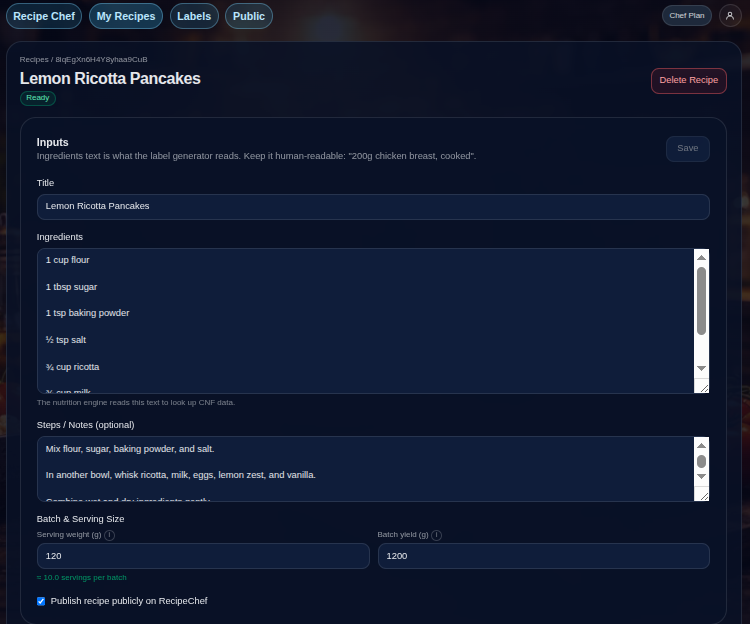 RecipeChef recipe input screen